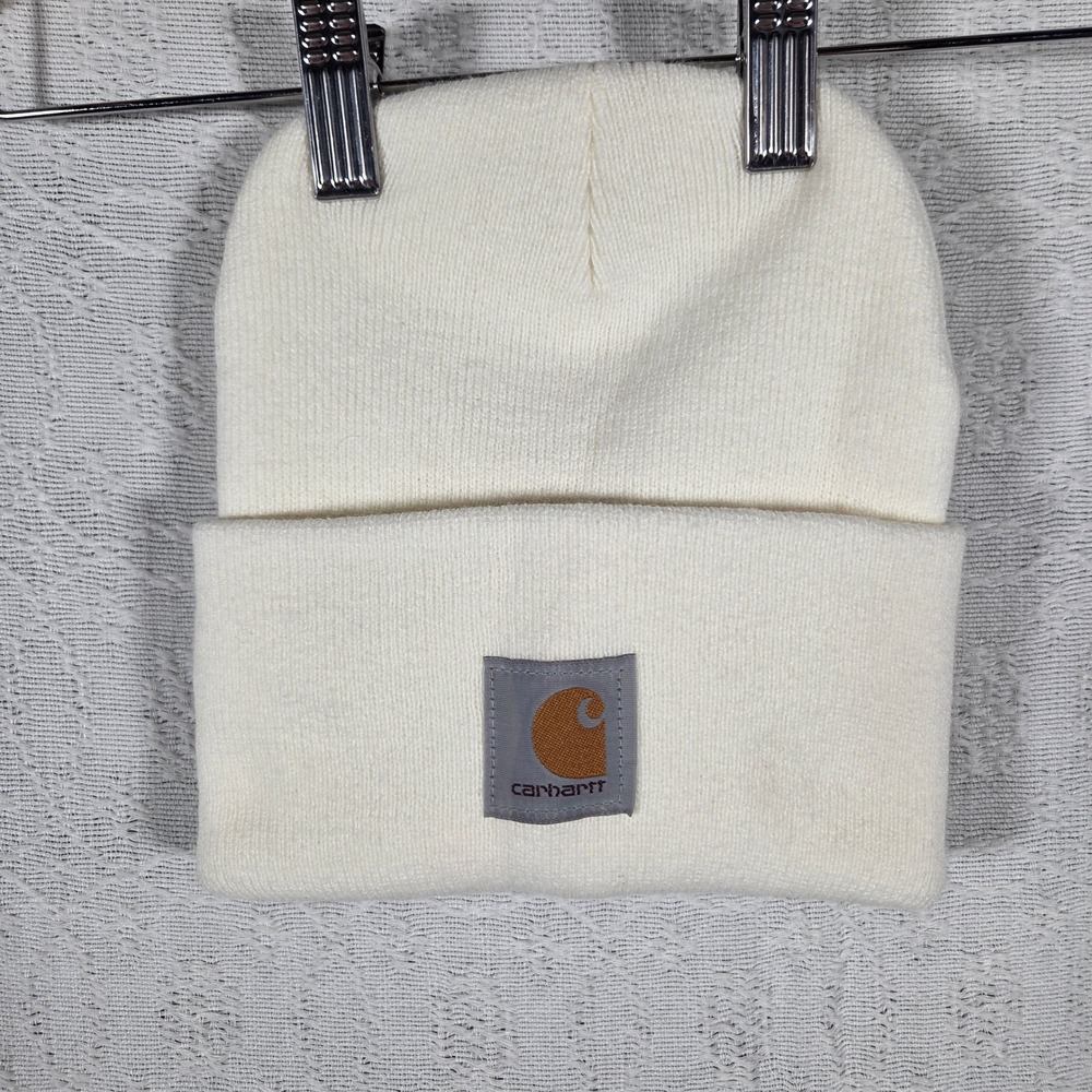 Carhartt Hat Beanie Off White Cream Rib Knit Logo Patch Warm Cozy Farm Chore Hat